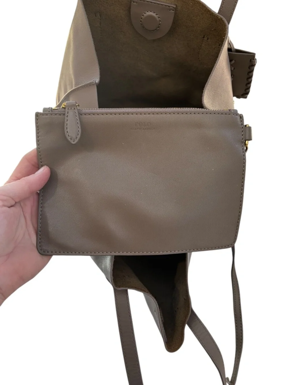 Polo Ralph Lauren taupe leather classic tote bag purse with zip pouch hangtag